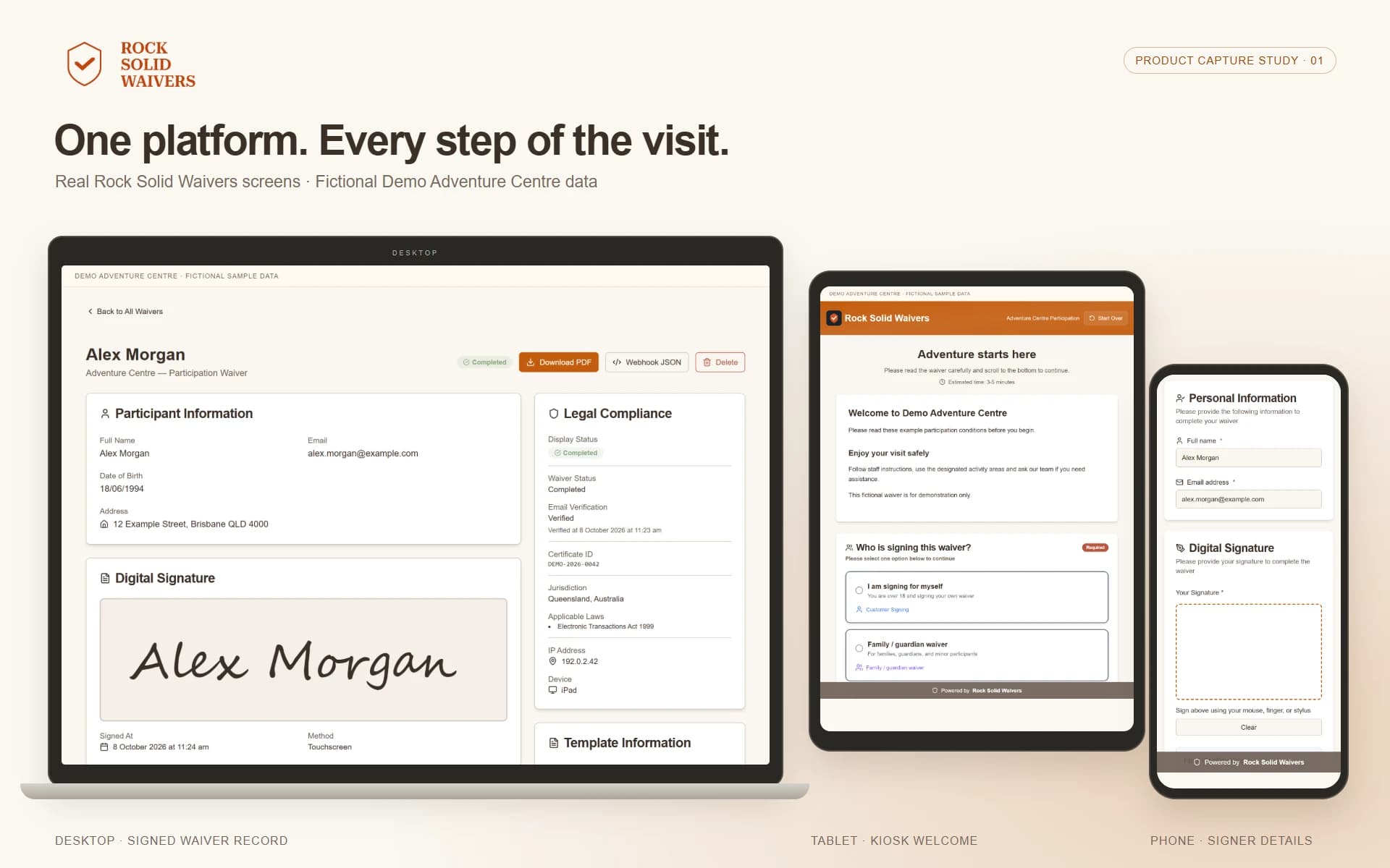 Rock Solid Waivers showing a signed record on desktop, kiosk welcome on tablet and participant details on a phone, using fictional demo data